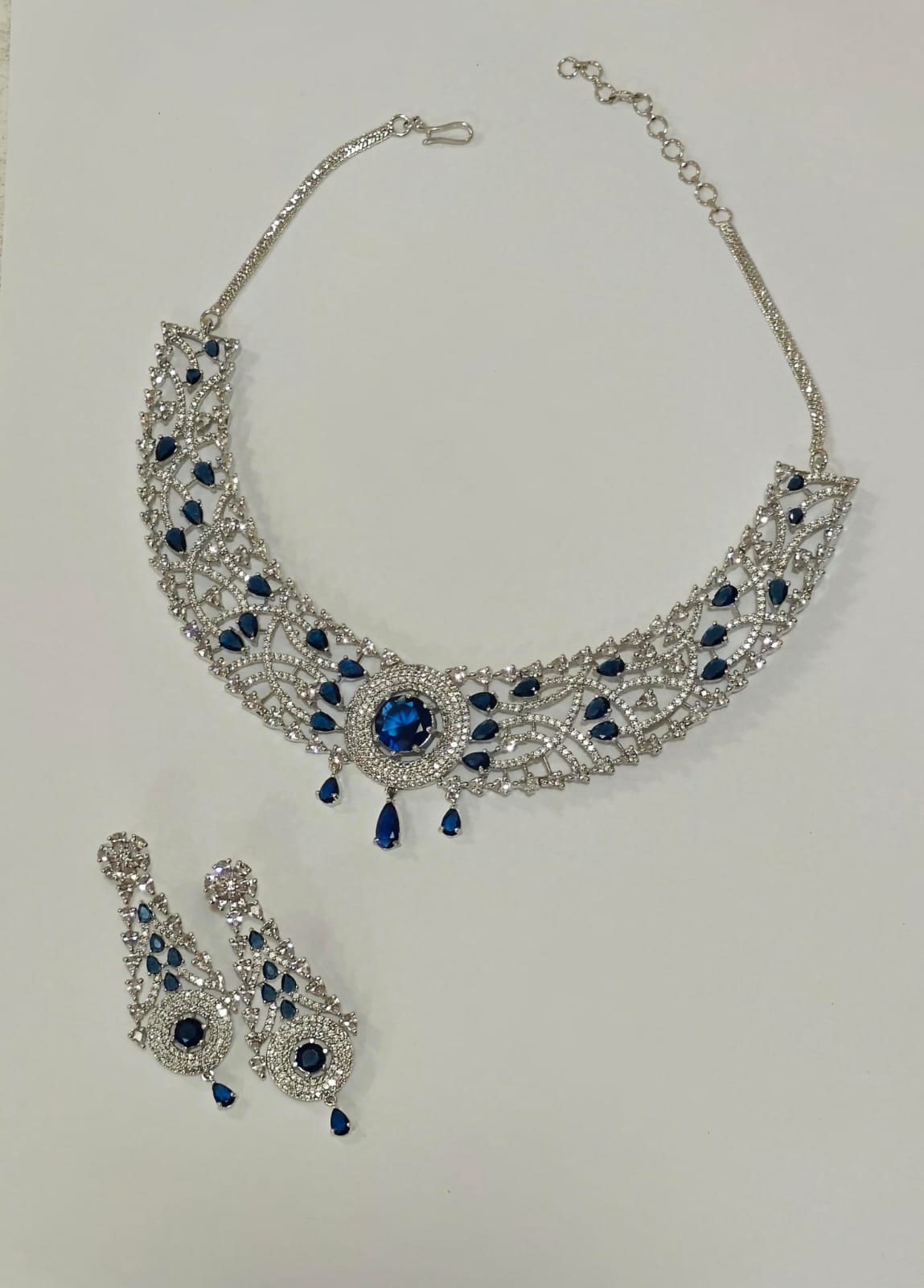 Silver Plated Blue Sapphire & AD Necklace Set – Bridal & Party Jewellery