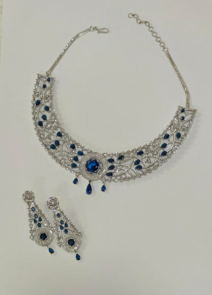 Silver Plated Blue Sapphire & AD Necklace Set – Bridal & Party Jewellery