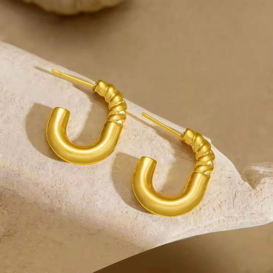 18K gold plated twisted U-shape hoop earrings – waterproof, anti-tarnish stainless steel studs