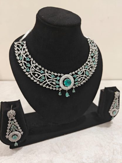 Silver Plated Emerald Green & AD Necklace Set – Bridal & Festive Jewellery
