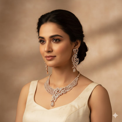 Rose Gold American Diamond Necklace Set with Modern Floral Design – Elegant Party & Bridal Jewellery
