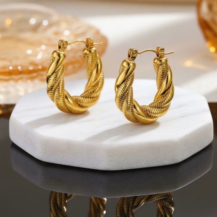 Dual-Tone Rope Hoop Earrings | 18K Gold Waterproof