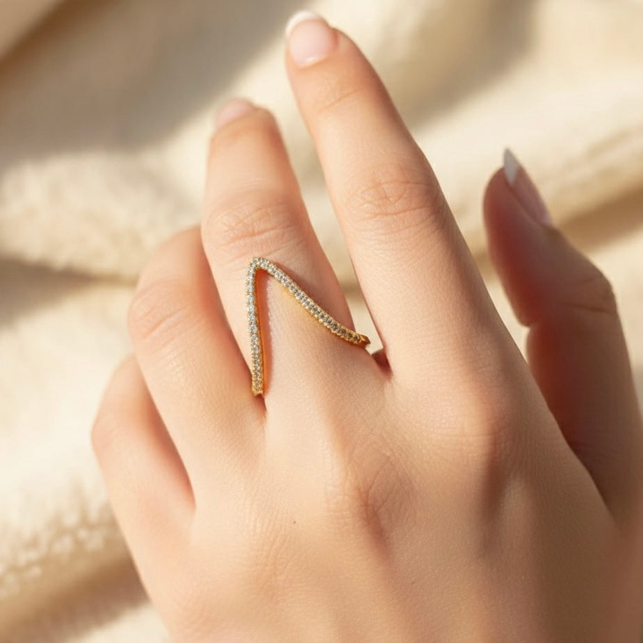 18K Gold Plated V-Shape Adjustable Ring – CZ Studded & Anti Tarnish