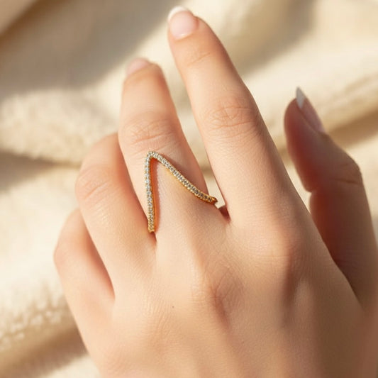 18K Gold Plated V-Shape Adjustable Ring – CZ Studded & Anti Tarnish