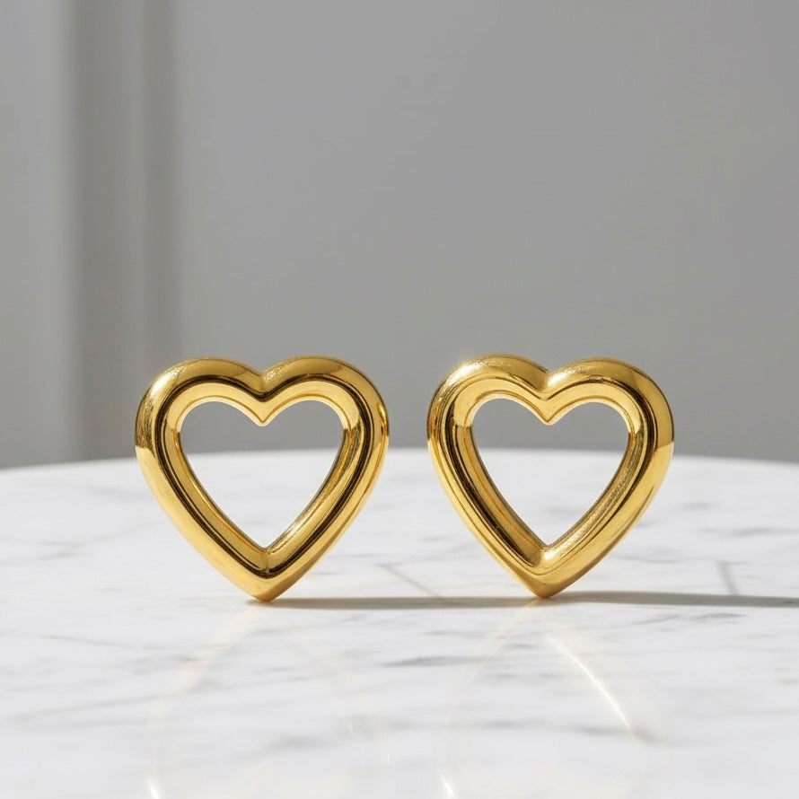 Hollow Heart Statement Studs | 18K Gold Waterproof Hypoallergenic