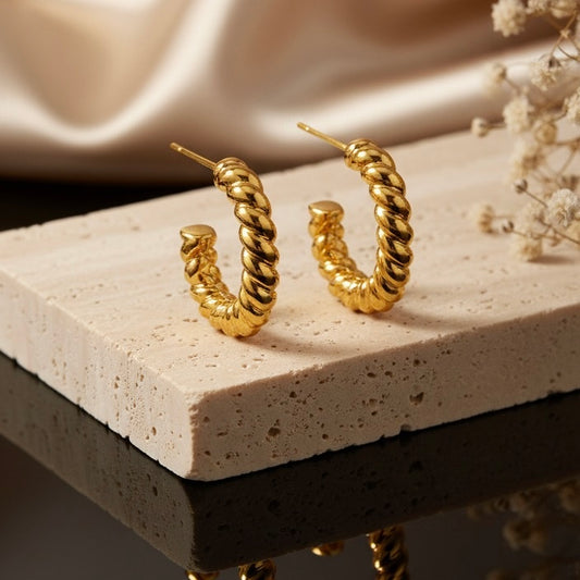Twisted Rope Open Hoop Earrings | 18K Gold Waterproof