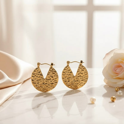 Textured Disc Hoop Earrings | 18K Gold Cutout Waterproof