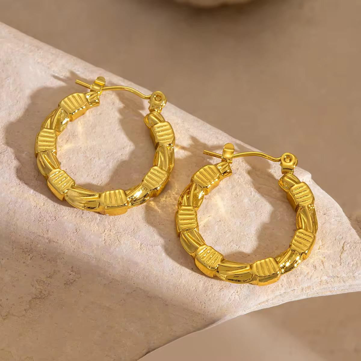 18K Gold Plated Bamboo Carved Hoop Earrings – Waterproof, Hypoallergenic Jewellery by ThePandaStoree