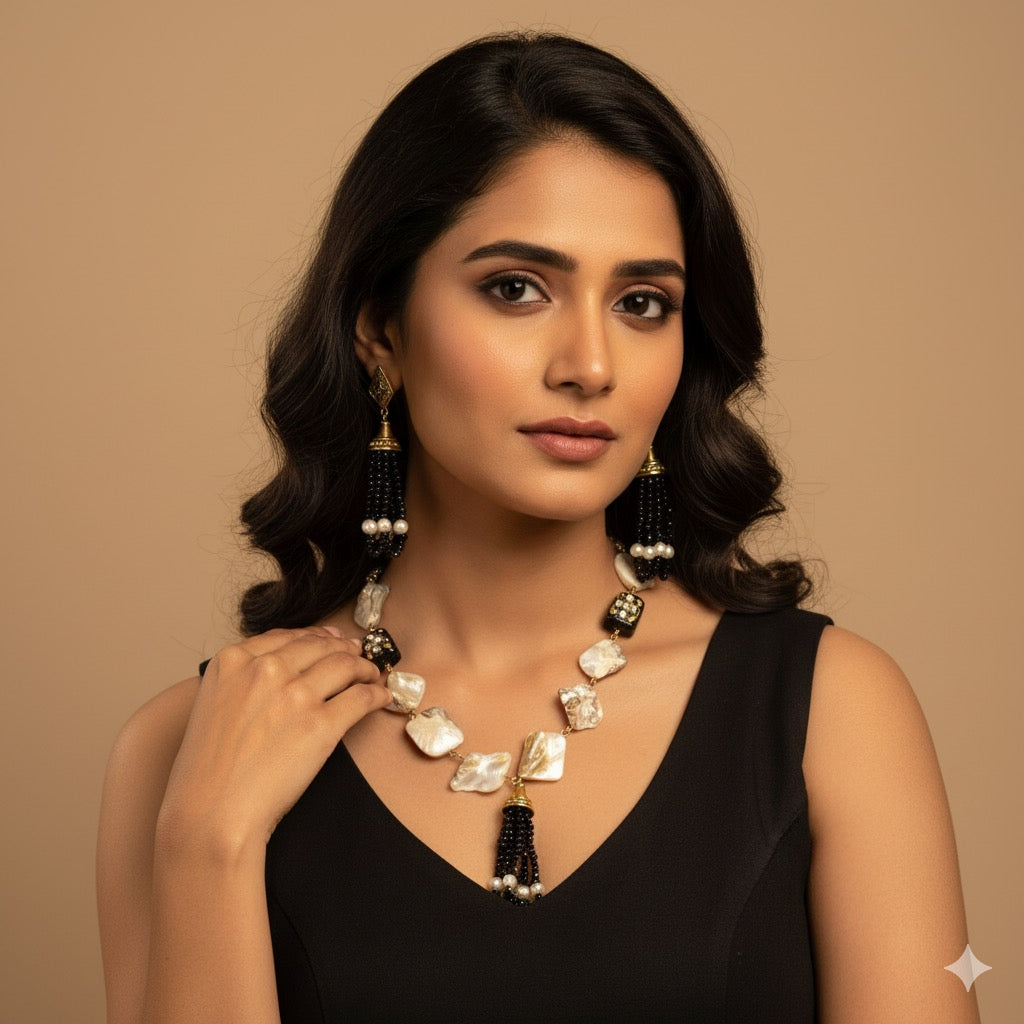 Black and Mother of Pearl Long Necklace Set with Earrings