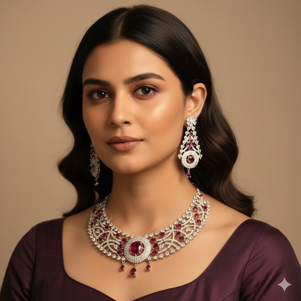 Silver Plated Ruby & AD Necklace Set – Anti Tarnish Bridal Jewellery