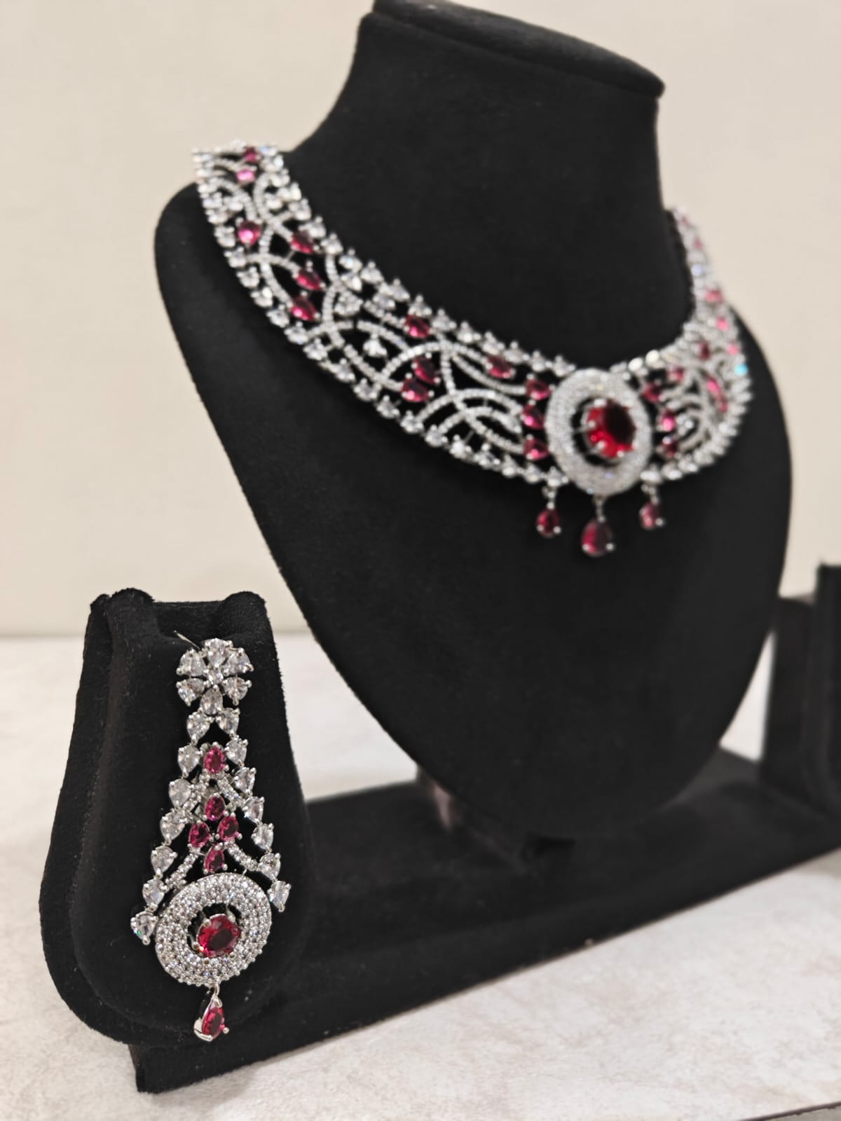 Silver Plated Ruby & AD Necklace Set – Anti Tarnish Bridal Jewellery