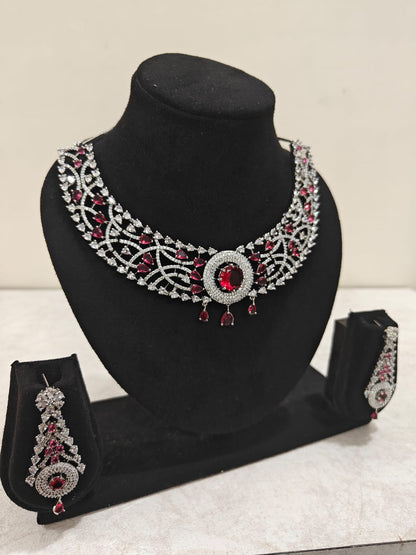 Silver Plated Ruby & AD Necklace Set – Anti Tarnish Bridal Jewellery