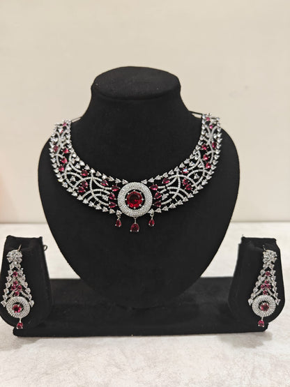 Silver Plated Ruby & AD Necklace Set – Anti Tarnish Bridal Jewellery