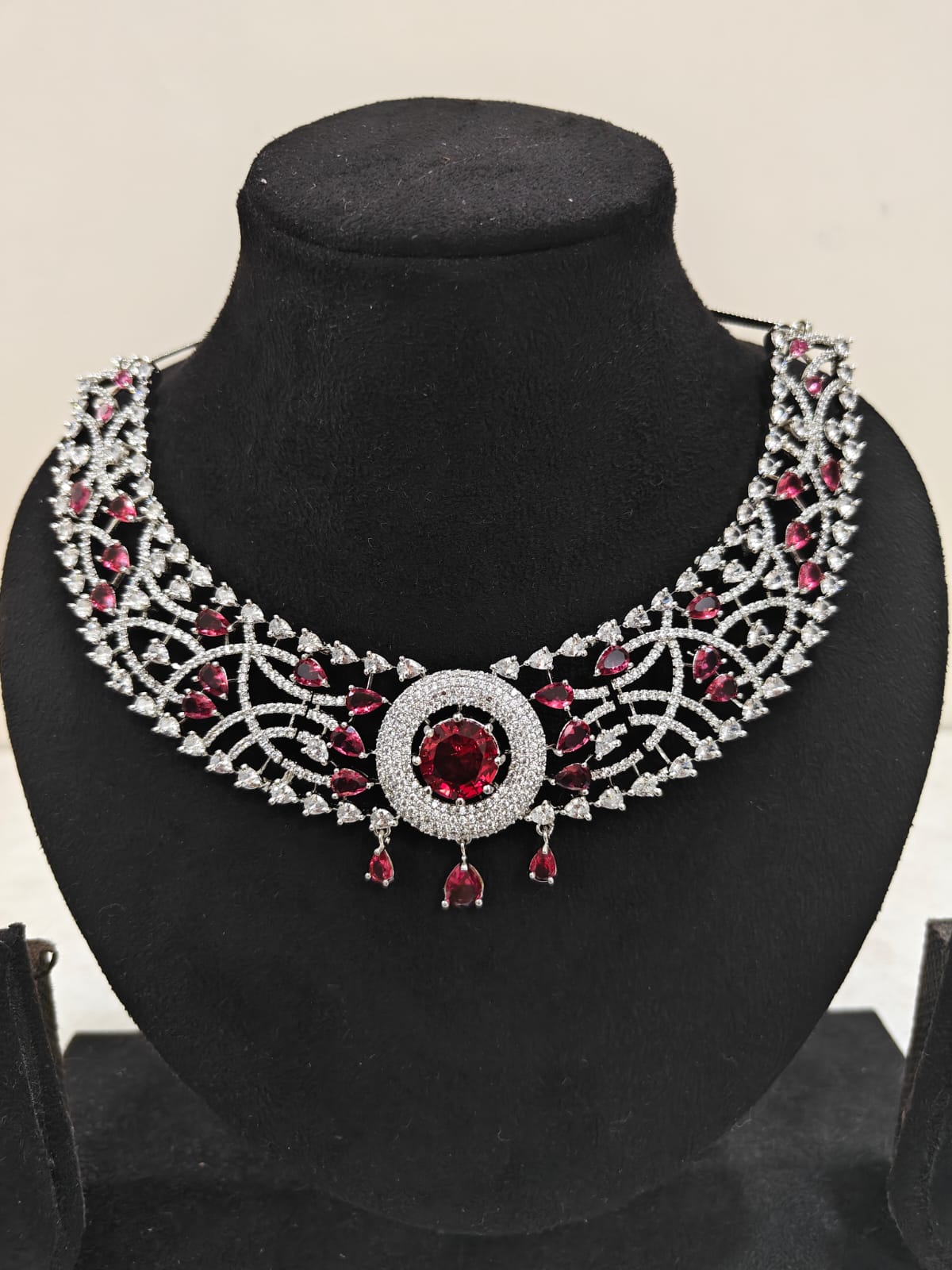 Silver Plated Ruby & AD Necklace Set – Anti Tarnish Bridal Jewellery