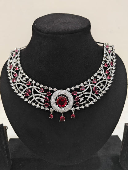 Silver Plated Ruby & AD Necklace Set – Anti Tarnish Bridal Jewellery