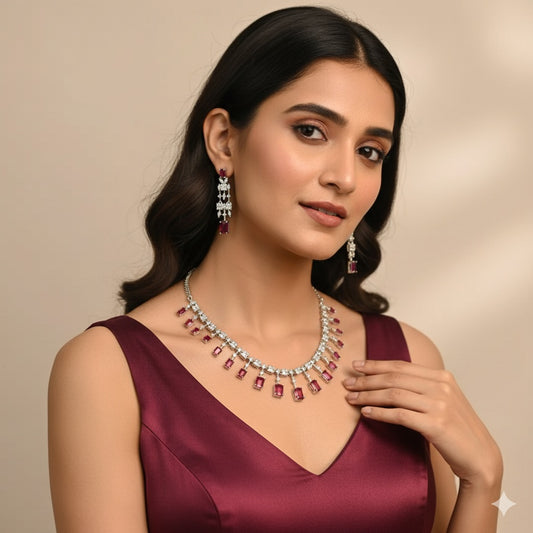 Silver Plated Ruby Red & AD Necklace Set – Elegant Bridal Jewellery