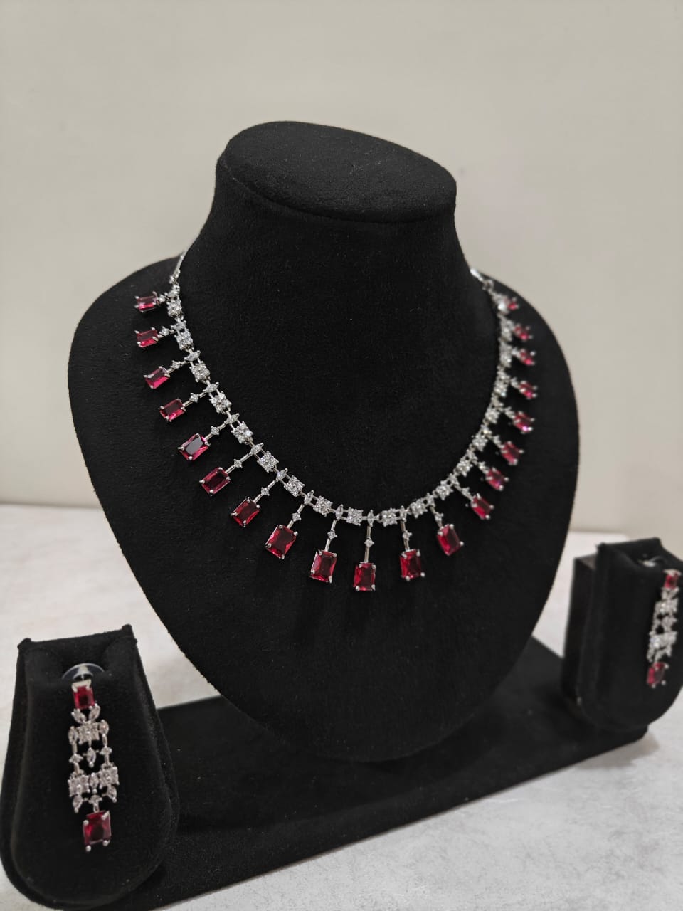 Silver Plated Ruby Red & AD Necklace Set – Elegant Bridal Jewellery