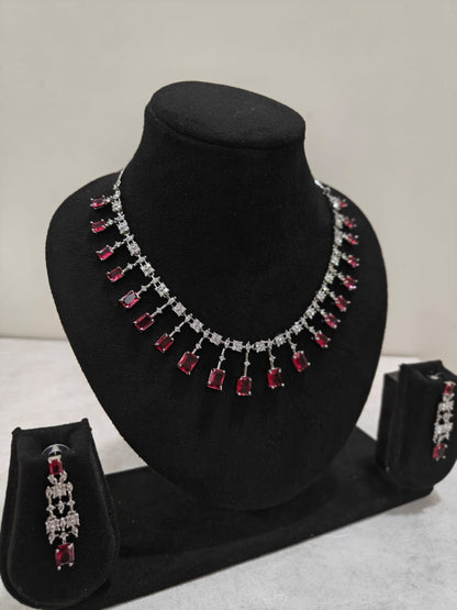 Silver Plated Ruby Red & AD Necklace Set – Elegant Bridal Jewellery