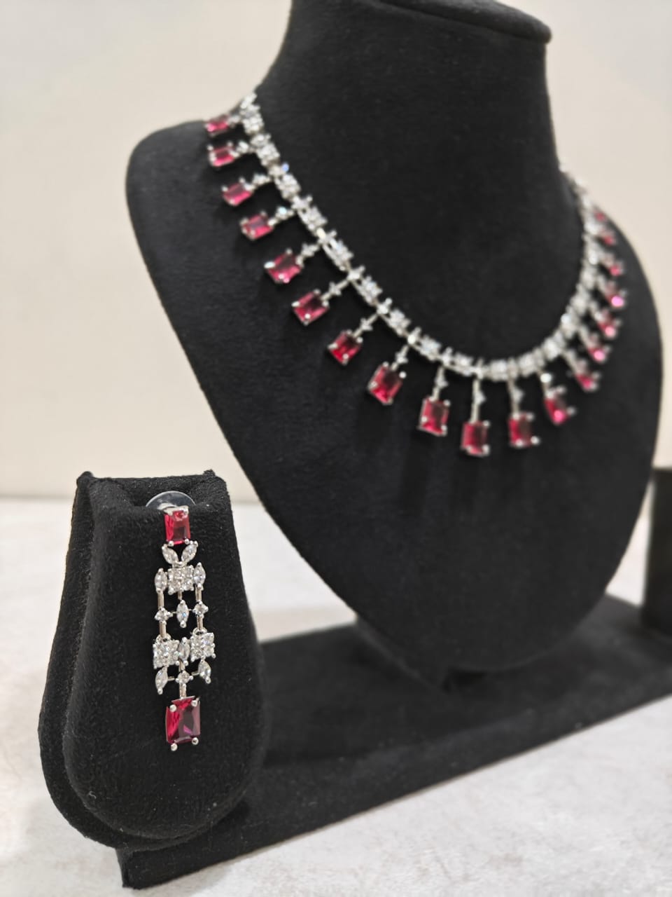 Silver Plated Ruby Red & AD Necklace Set – Elegant Bridal Jewellery