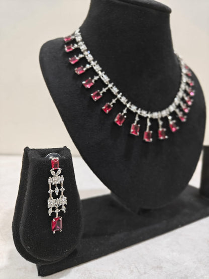 Silver Plated Ruby Red & AD Necklace Set – Elegant Bridal Jewellery