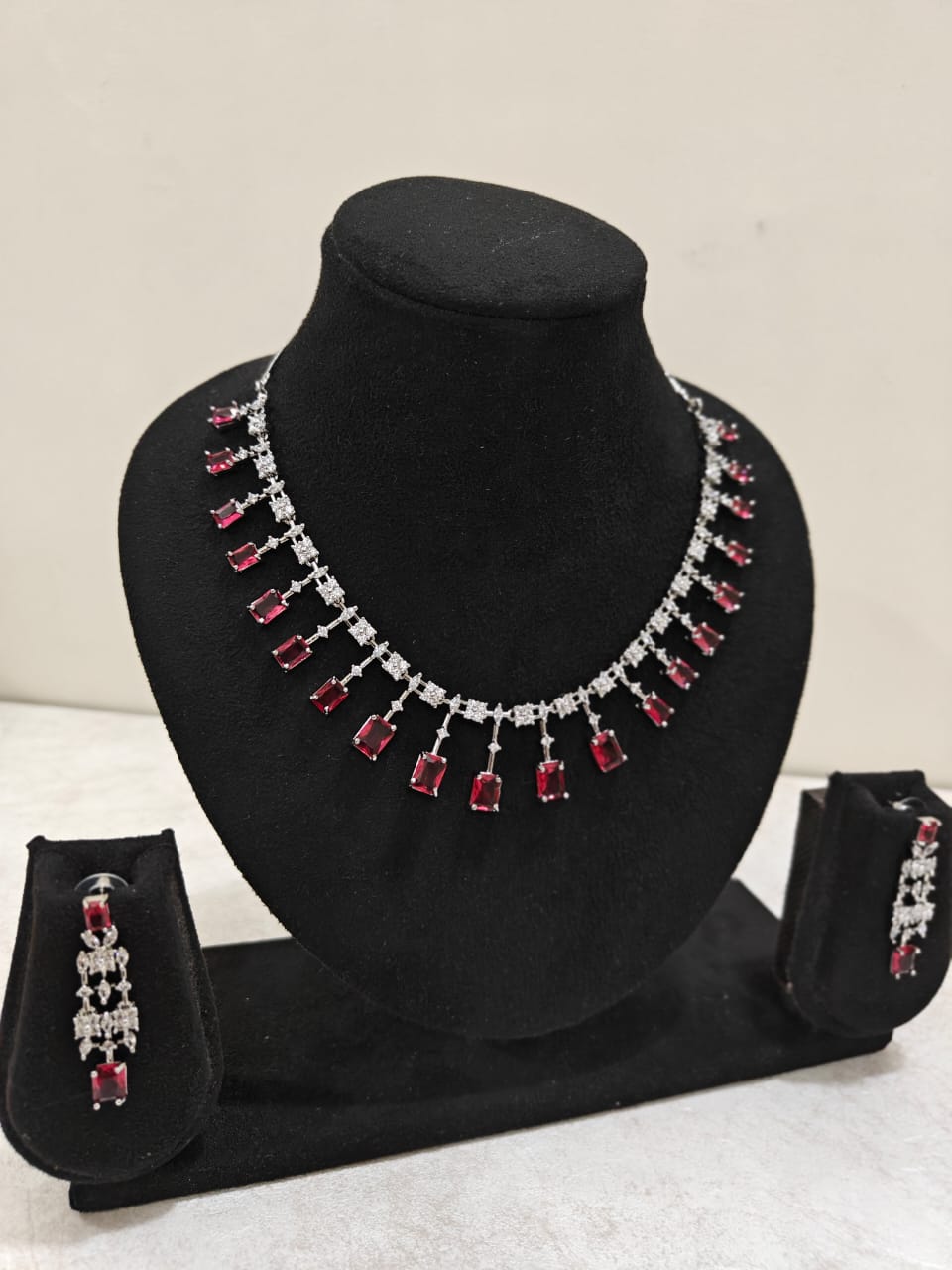 Silver Plated Ruby Red & AD Necklace Set – Elegant Bridal Jewellery