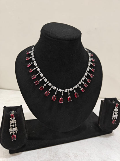 Silver Plated Ruby Red & AD Necklace Set – Elegant Bridal Jewellery