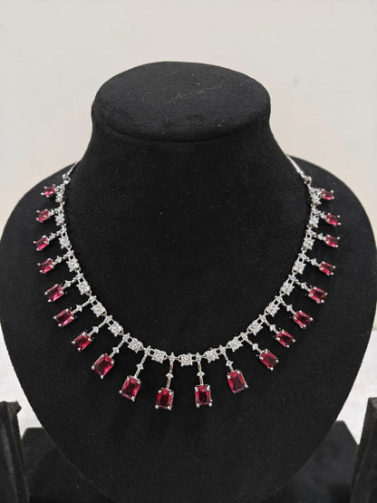 Silver Plated Ruby Red & AD Necklace Set – Elegant Bridal Jewellery