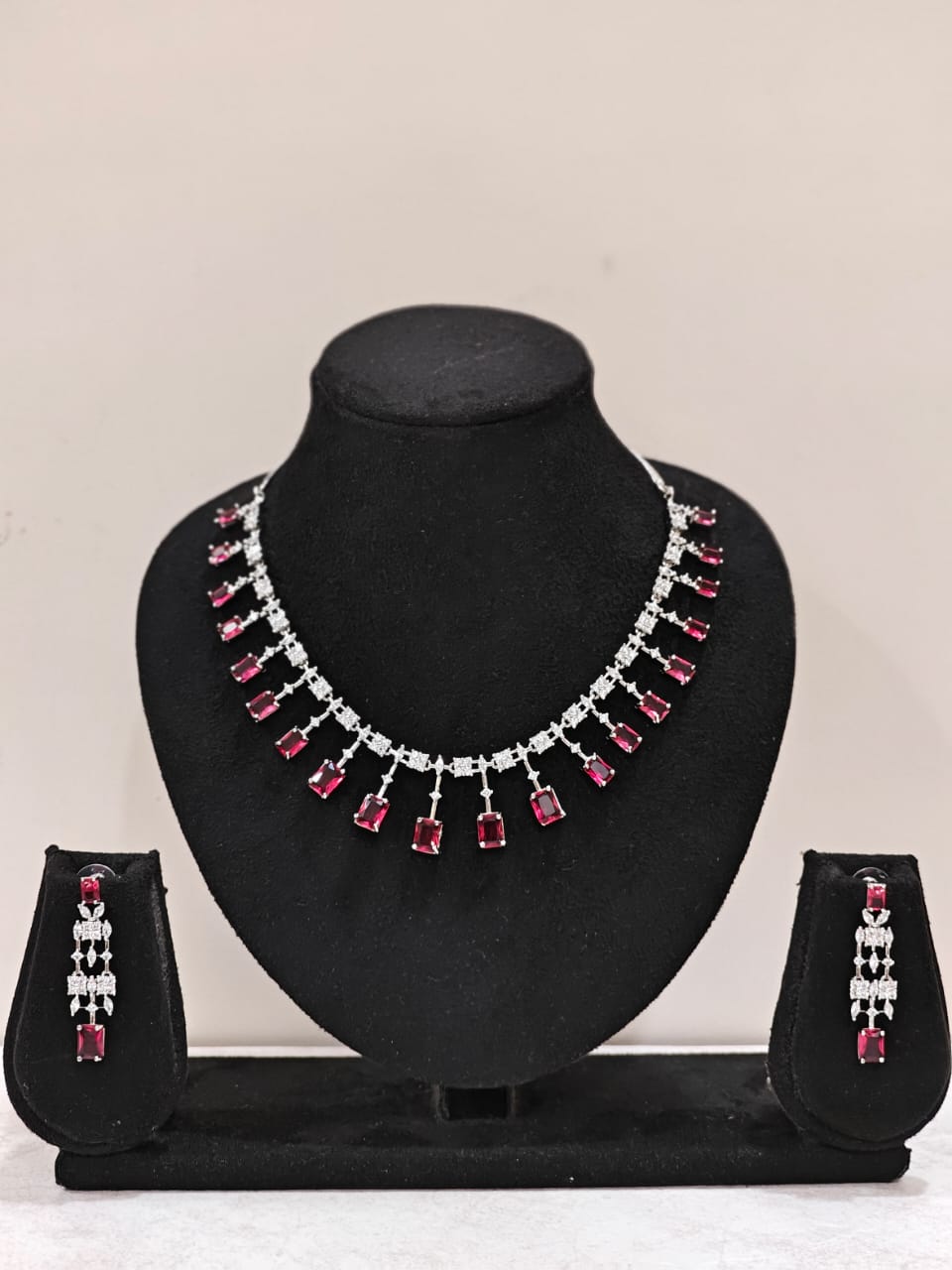 Silver Plated Ruby Red & AD Necklace Set – Elegant Bridal Jewellery