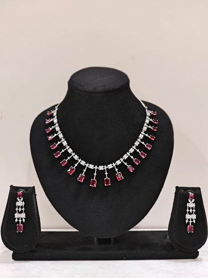 Silver Plated Ruby Red & AD Necklace Set – Elegant Bridal Jewellery