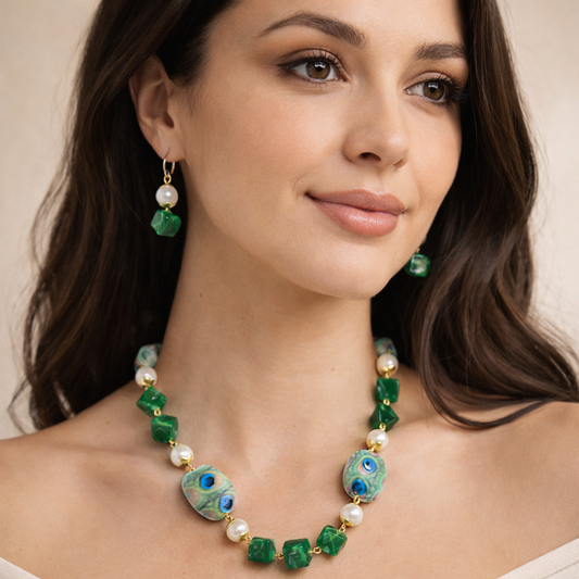 Verdant Pearls and Lustrous Greens Necklace Set