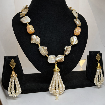 Timeless Mother of Pearl Long Necklace Set with Earrings