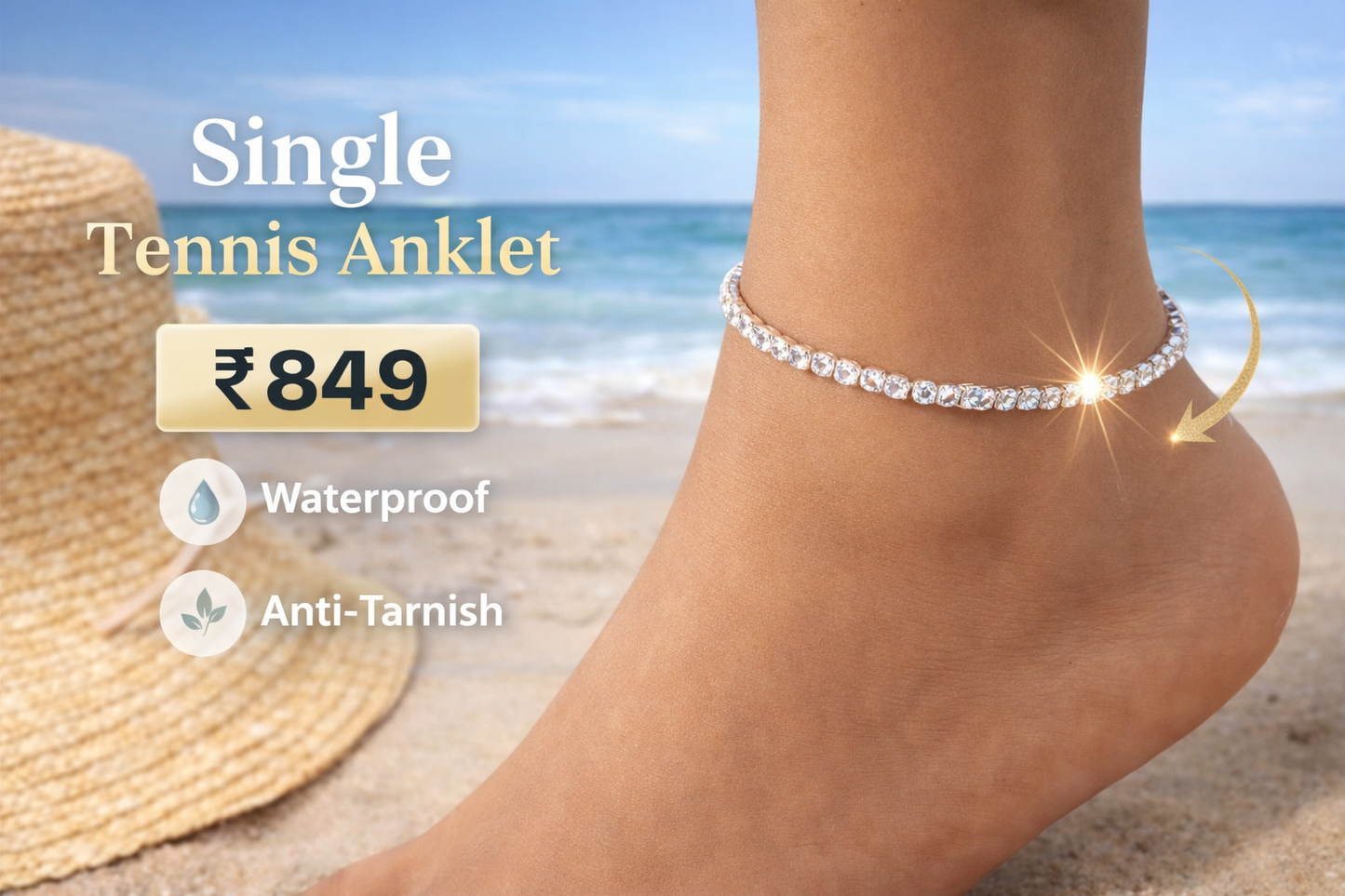 Anti-Tarnish Tennis Anklet – 18K Plated Waterproof Anklet for Women