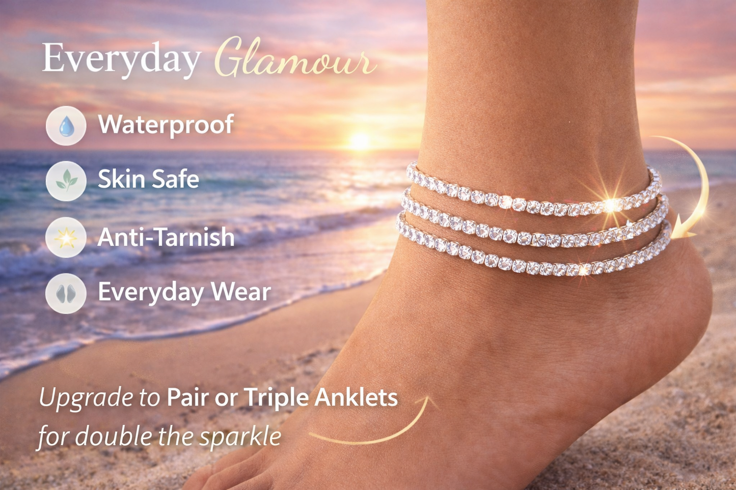 Anti-Tarnish Tennis Anklet – 18K Plated Waterproof Anklet for Women