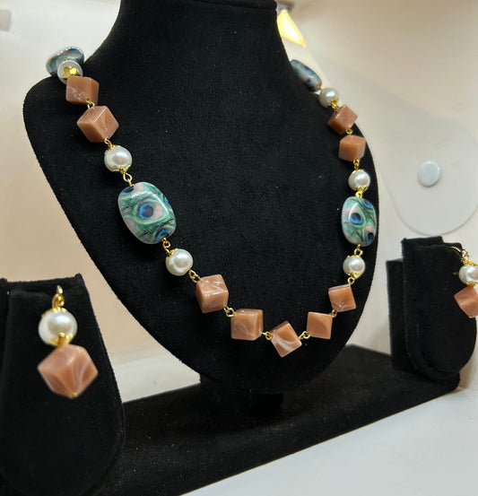 Boho Chic Pearl and Printed Stone Long Necklace Set with Earrings