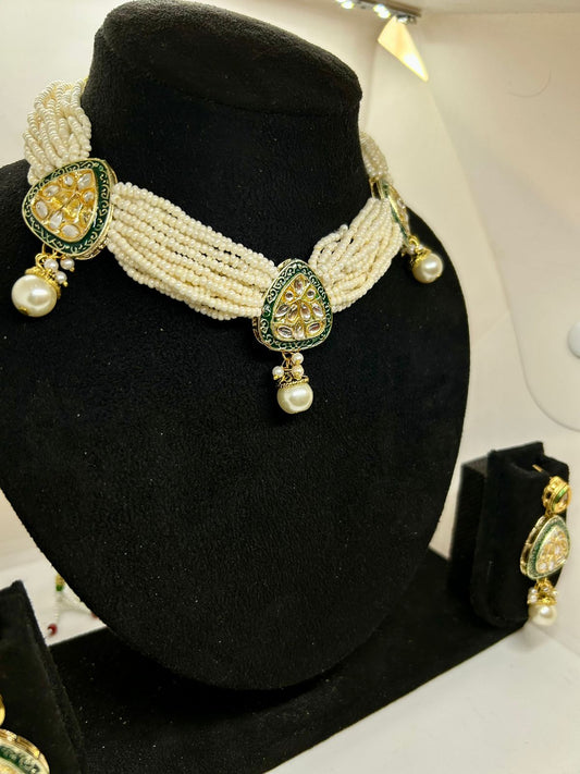 Emerald Dewdrop Kundan and Rice Pearl Necklace with Earrings