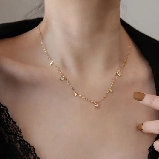 18K Gold Plated Square CZ Stone Charm Necklace