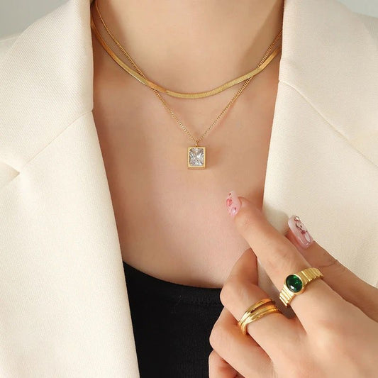 18K Gold Plated Square Zircon Crystal Double Layer Snake Chain Necklace