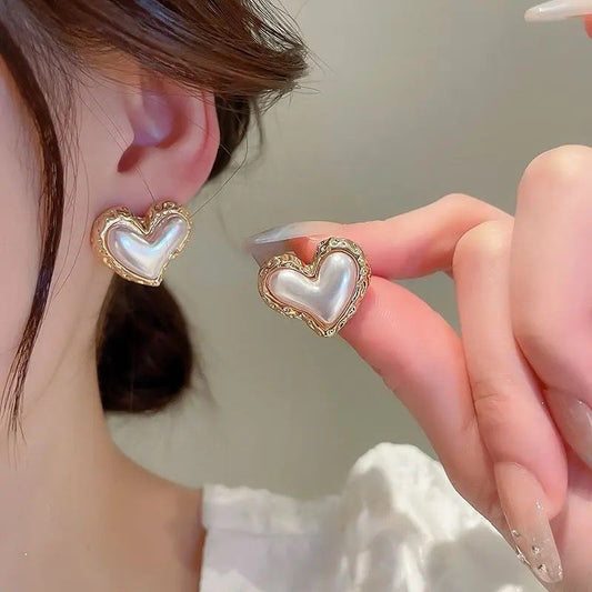 Golden Heart Pearl Stud Earrings