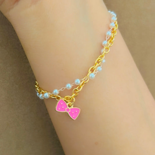 Elegant Golden Chain Bracelet with Pink Bow Charm