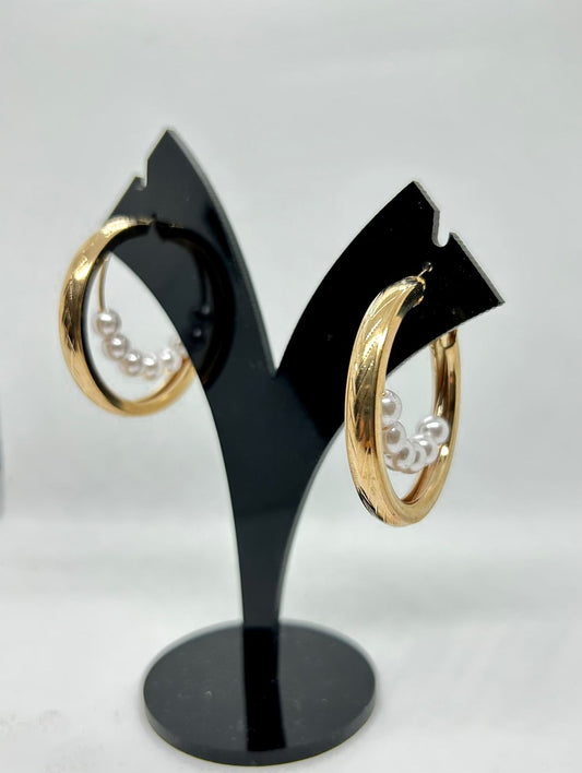 Golden Pearl Duet Hoop Earrings