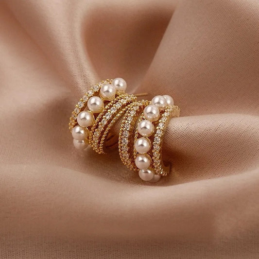 Triple Row Pearl Stud Earrings