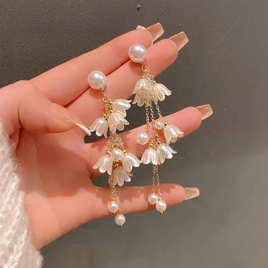 Flower Pearl Long Tassel Earrings