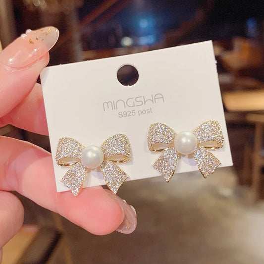 Delicate Bow Pearl Stud Earrings