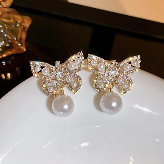 Crystal Pearl Inlaid Butterfly Earrings