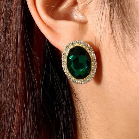 Vintage Oval Green Crystal Stud Earrings