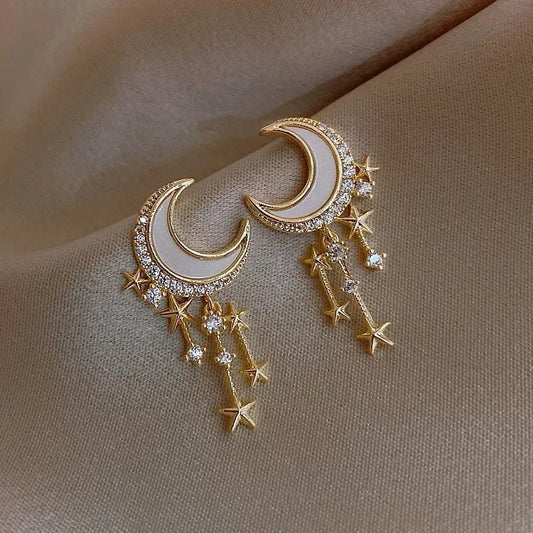 Glamorous Rhinestone Decor Star Moon Drop Earrings