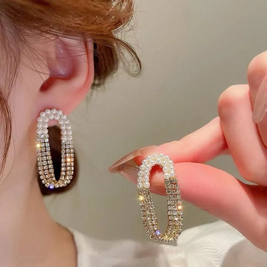 Elegant Pearl and Rhinestone Hoop Earrings-Golden