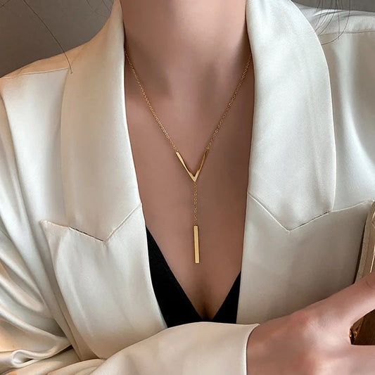 Elegance V Shape Long Chain Necklace - Minimalist Waterproof Titanium Steel Geometric Pendant for Women