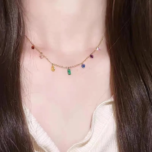 Rainbow Zircon Link Chain Choker Necklace