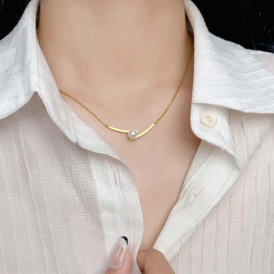 Gold-Plated Pearl Geometric Pendant Necklace